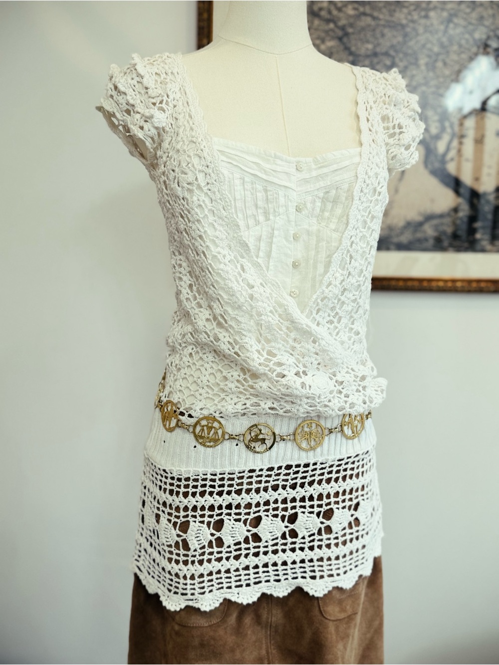 Free People White Crochet Lace Cap Sleeve Top